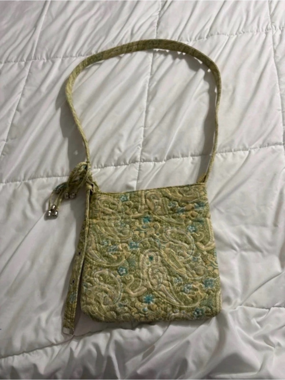 Embroidered Light Green Quilted Crossbody Bag